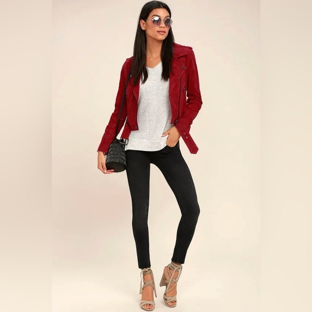 Blank NYC Red Suede Leather Moto Jacket Belted Zip Pockets Backhanded Sz S